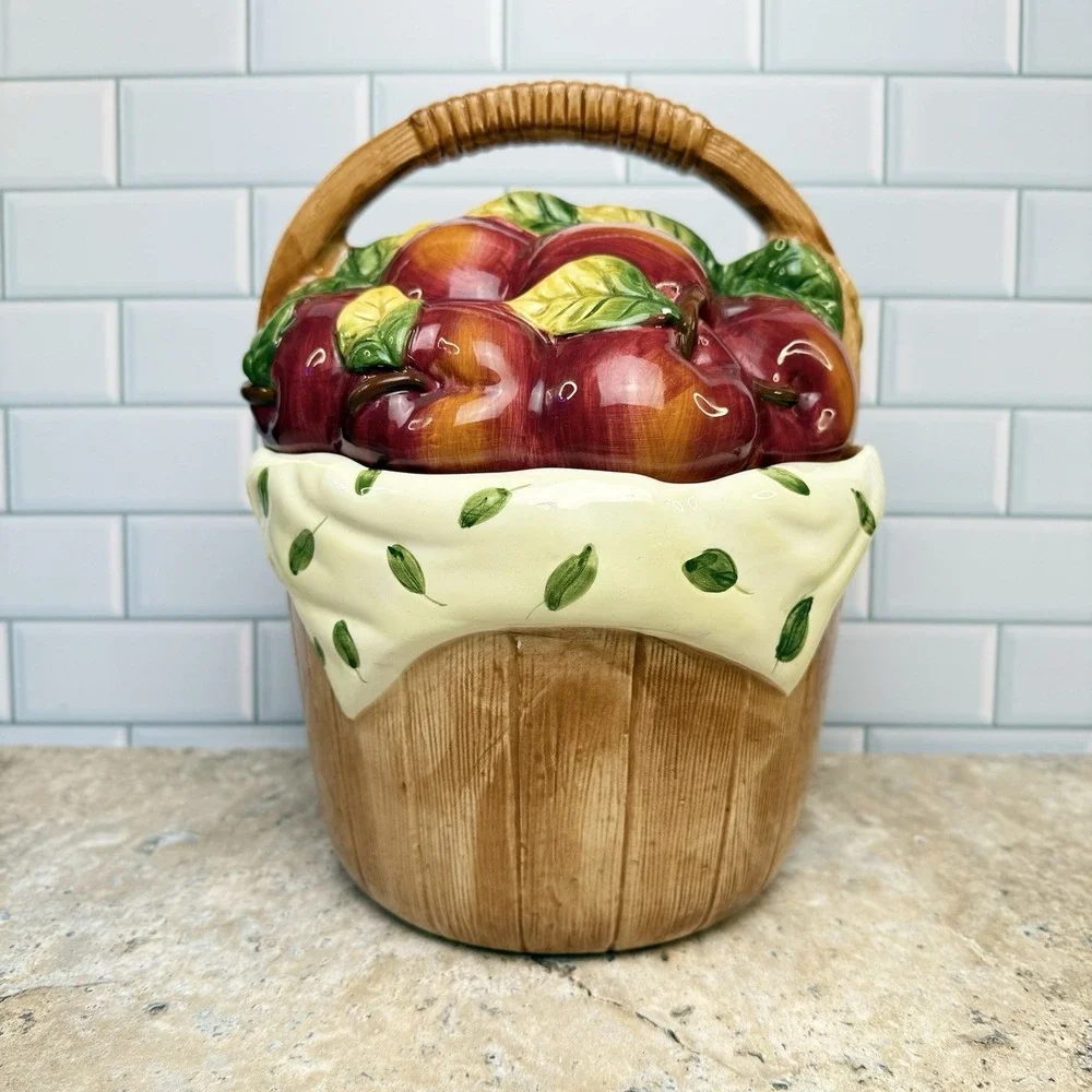 Vintage Cooks Club Porcelain Apple Basket Cookie Jar Collectible